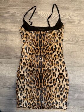Leopard Sequin Bodycon Dress with Black mesh Trim